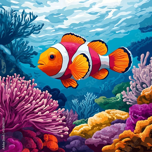 Vibrant coral reef scene with a clownfish.