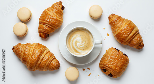 Delicious French Pastries Coffee Croissants Pain au Chocolat Macarons Breakfast