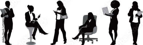 Silhouettes of Professional Women at Work,
Modern Working Woman Silhouette Vector Set,Boss Lady Silhouettes in Business Scenes