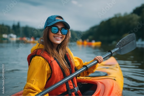 Smiling woman kayaking on a river during the day, wearing sunglasses and a yellow jacket