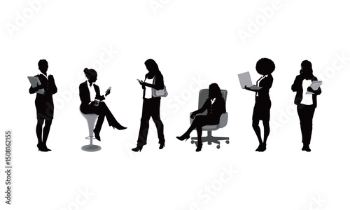 Silhouettes of Professional Women at Work,
Modern Working Woman Silhouette Vector Set,Boss Lady Silhouettes in Business Scenes