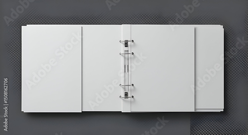 Blank white binder with metal rings open, showcasing design template for stationery or office supplies. Open view with neutral gray background.