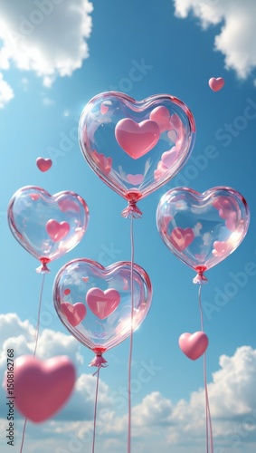 Colorful heart-shaped balloons float against a clear blue sky with fluffy clouds in a joyful celebration of love and happiness