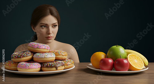 Young woman with bare shoulders considering a plate of donuts versus a plate of fruit. Thoughtful contemplation with healthy food and unhealthy food options on a wooden table.