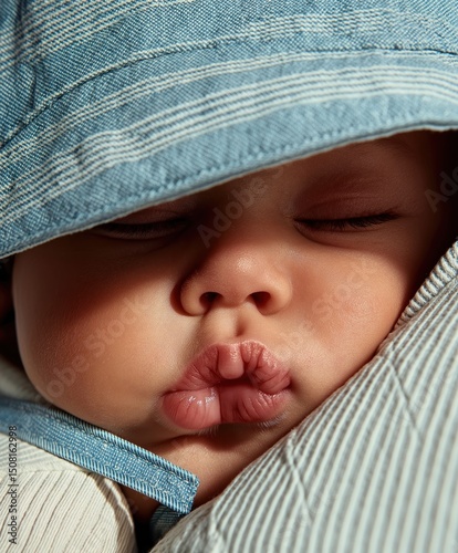 A soft and heartwarming close-up of a sleeping baby with naturally puckered lips, peacefully resting against a caregiver’s shoulder. 