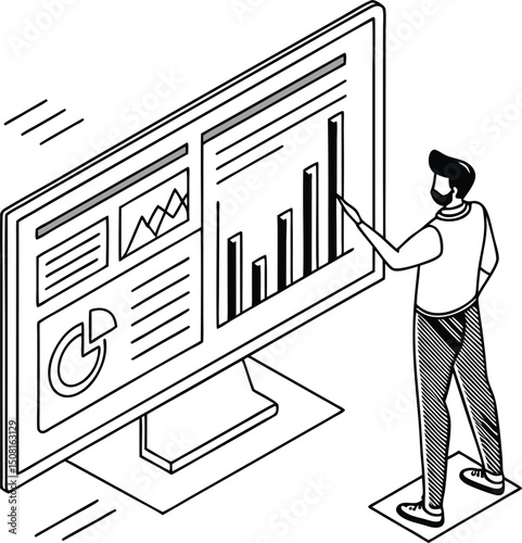 Businessman navigates a financial labyrinth, illustrating the concept of business growth and success with data charts and graphs