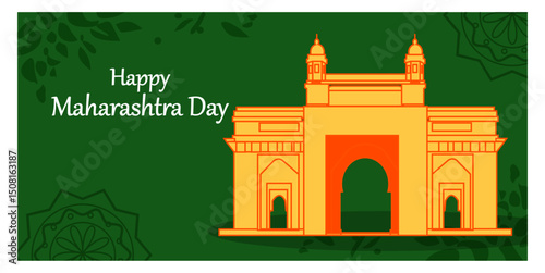 Happy Maharashtra Day Horizontal Vector Banner Set - State Symbols & Gateway of India Illustrations-04