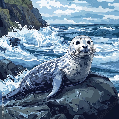 A seal rests on a rocky shore amidst crashing waves.