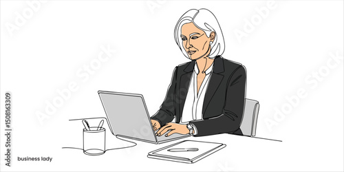 Middle age European business woman CEO using laptop application for work at table workspace in office continuous single line art drawing sketch on white background