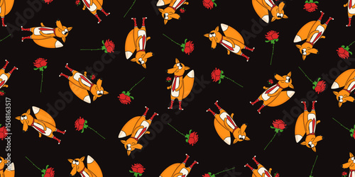 Red fox seamless Trellis. Vector illustration of Whimsical animal and red rose seamless pattern. Perfect wallpaper fabric print background. EPS 10