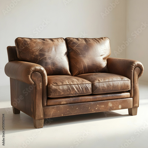 A rustic brown 2-seater love seat with worn-in leather finish.