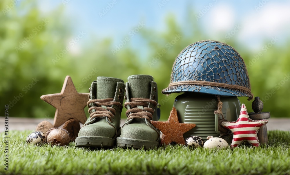 Naklejka premium Memorial Day Still Life: Boots, Helmet, and Stars
