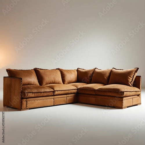 A rustic tan suede L-shaped sofa with visible stitching and deep seating.