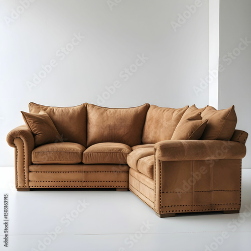 A rustic tan suede L-shaped sofa with visible stitching and deep seating.
