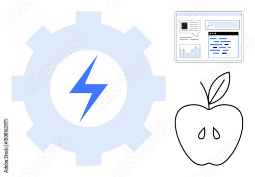 Gear with blue lightning bolt, web browser displaying elements, and outlined apple. Ideal for energy, technology, productivity, innovation, learning, food simple landing page