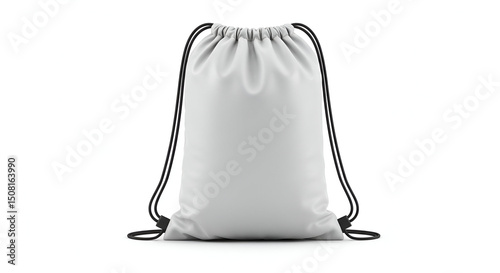Plain drawstring backpack in a light gray color with black drawstrings. Empty backpack standing upright against a white background.