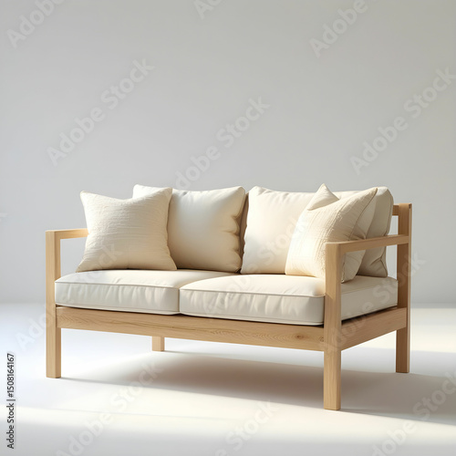 A Scandinavian light wood frame 2-seater sofa with cream cushion.