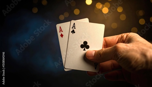 Hand Holding Two Aces: Dramatic Poker Cards Close-up