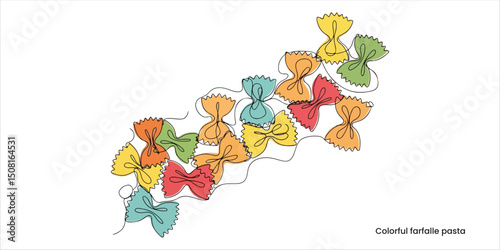 Colorful farfalle pasta continuous single line art drawing sketch on white background