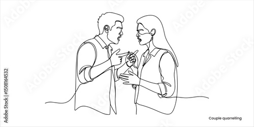 Couple quarrelling continuous single line art drawing sketch on white background