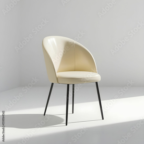 A Scandinavian-style armchair with a light wood frame and soft beige cushions.