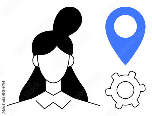 Female avatar with long hair, blue location pin, and black gear icon suggesting concepts thumbs up personalization, navigation tools, or settings. Ideal for user interface, mapping, profile setup