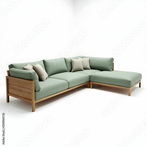 A Scandinavian-style L-shaped sectional in pastel green with a wooden frame.
