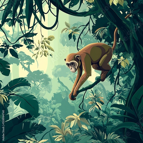 Jungle monkey scene with lush foliage.
