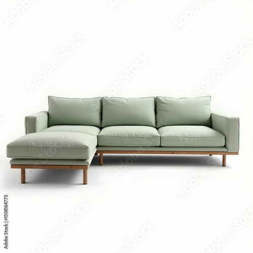 A Scandinavian-style L-shaped sectional in pastel green with a wooden frame.