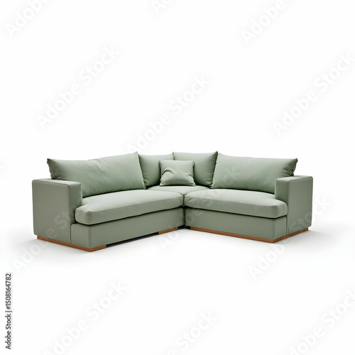 A Scandinavian-style L-shaped sectional in pastel green with a wooden frame.