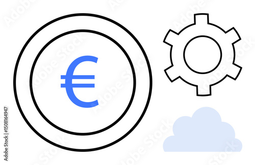 Euro sign inside a circle, a gear, and a cloud. Ideal for finance, technology, innovation, industry, connectivity, global business simple landing page