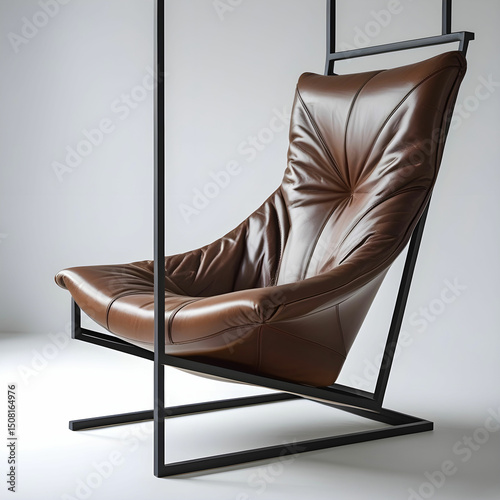 A sculptural lounge chair with a leather seat and black steel frame.