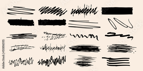 Abstract Brush Stroke And Scribble Set. Artistic Expression And Design Elements Collection. Isolated Vector Illustration