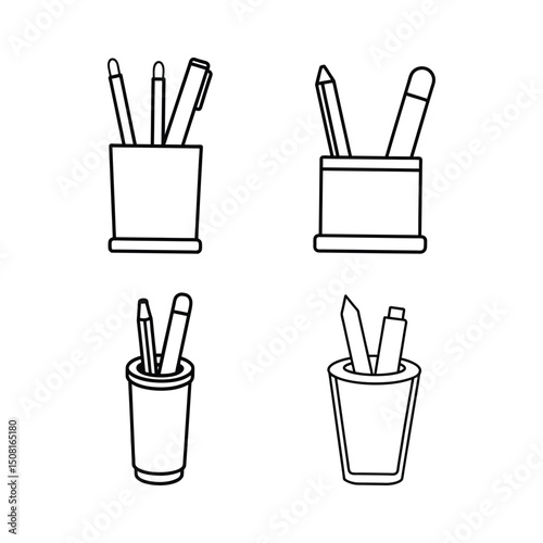 A set of pen holder line art vector art illustration