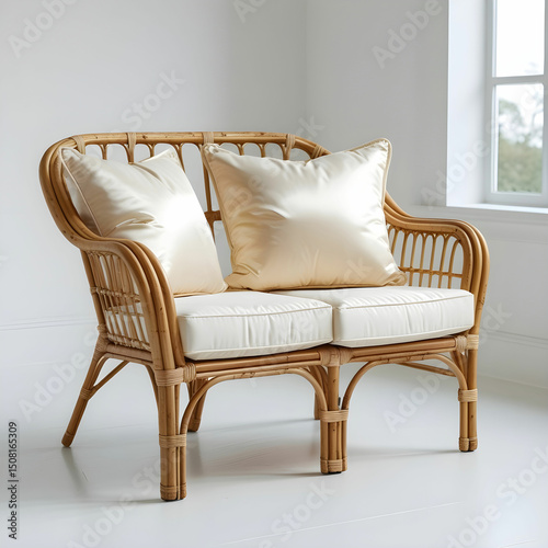 A small rattan 2-seater with cream cushions, perfect for a cozy sunroom setting.