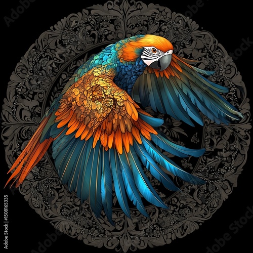 Detailed illustration of a vibrant macaw in flight, framed by ornate decorative design.