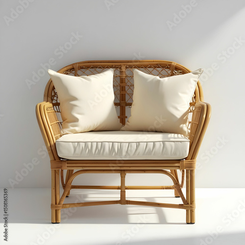 A small rattan 2-seater with cream cushions, perfect for a cozy sunroom setting.