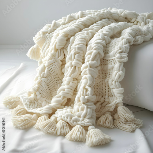 A soft knitted throw blanket in cream white with chunky texture.