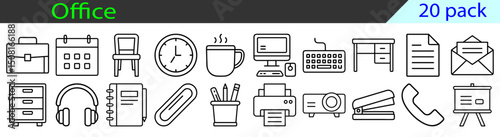 Set of line art office supply and furniture icon illustrations in a pack