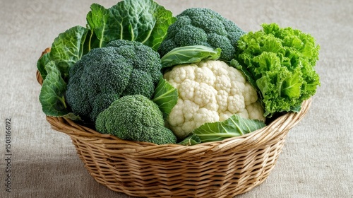 Kale Broccoli. Outdoor Daylight Closeup of Various Green Cabbages in Basket