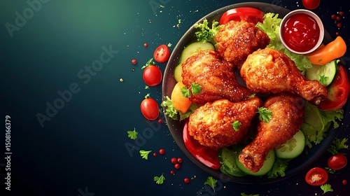 Crispy fried chicken drumsticks with fresh vegetables and dipping sauce.