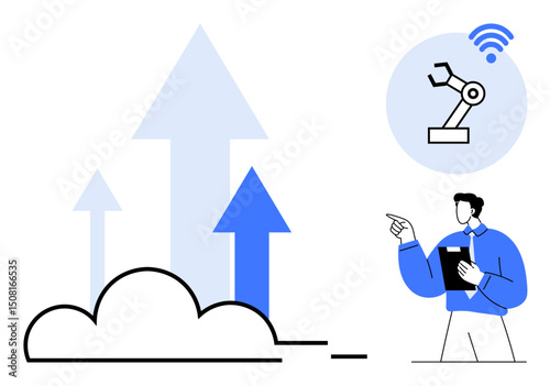 Cloud computing with upward arrows, robotic arm with wireless signal, professional holding a tablet. Ideal for automation, cloud technology, IoT, progress, innovation, digital strategy flat simple