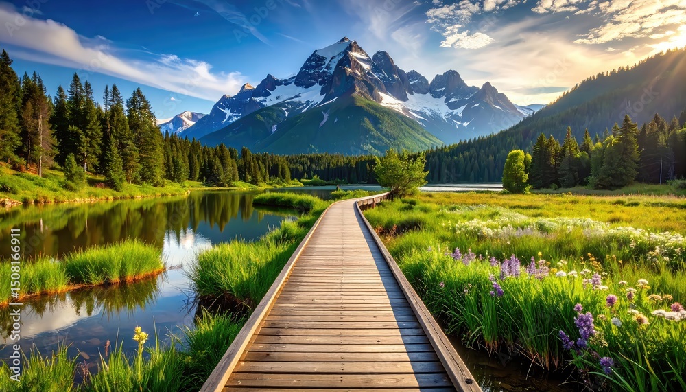 Fototapeta premium Serene Mountain Lake: Wooden Path to Sunlit Peaks