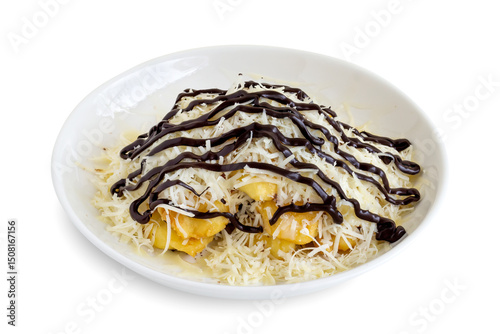 Pisang Goreng coklat keju or Fried Banana chocolate Cheese served in white plate