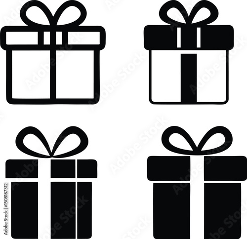 black and white gift box icons with bows for celebrations