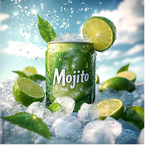 Refreshing beverage can surrounded by ice and limes.
