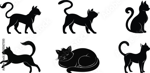 Black silhouette vector cats in various sitting, walking, and playful poses