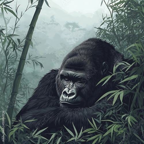 Majestic gorilla in a misty jungle setting.
