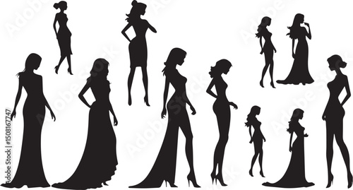  women silhouettes in diverse poses on a white background. Modern flat design aesthetic, eerie creepy atmosphere. Warm golden glow, dark tones, unsettling details, simple two-dime
