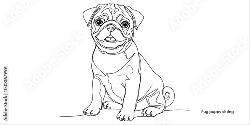 Pug puppy sitting continuous single line art drawing sketch on white background